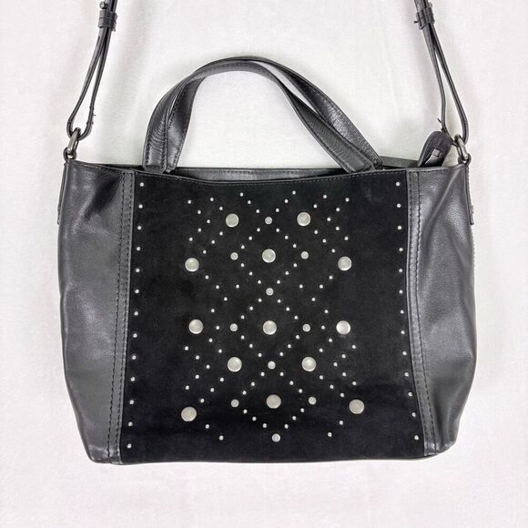 Lucky Brand Black Leather and Suede Studded Satchel Purse with Crossbody Strap - Picture 2 of 12